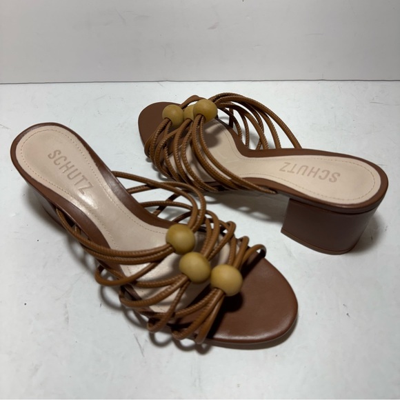SCHUTZ Roanna Strappy Wood-Bead Brown Slide Block Heel Sandals Size 7.5 - Picture 2 of 14